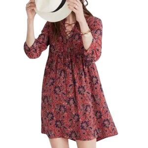 Madewell Silk Dress Assam Floral Lace Up 70s Babydoll‎ Cottagecore Flowy Medium
